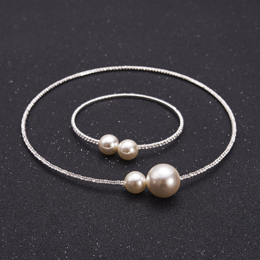 Conjunto Collar + Pulseras Nupcial con Perlas en Plata y Baño de Oro