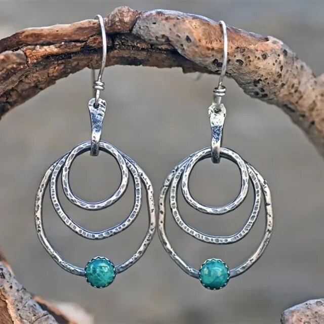 Aretes Boho Con Piedra Turquesa Circulares