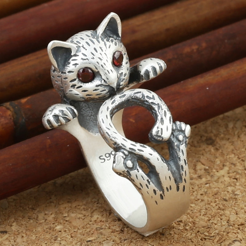 Anillo Ajustable Gato Pintado a Mano en Plata 925