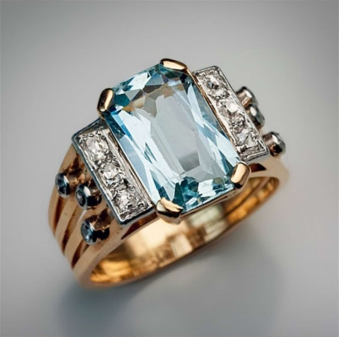 Anillo Cristal Azul en Oro Multicapa Vintage